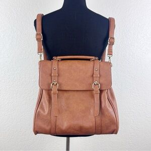 MMS Vegan Leather Convertible Loretta Messenger Backpack Handbag Cognac Brown